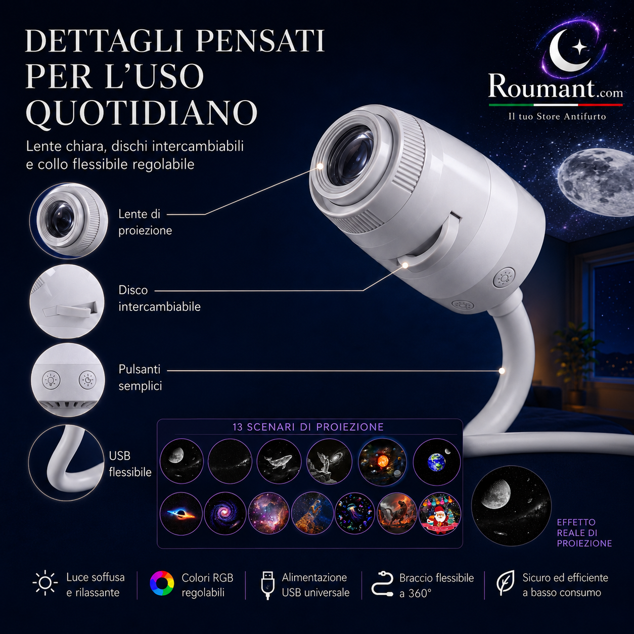 🌌 50 % RABATT NU! 💫 USB-lampa med stjärnhimmelprojektion – 13 utbytbara filmskivor & flexibel hals – perfekt för sovrummet ✨