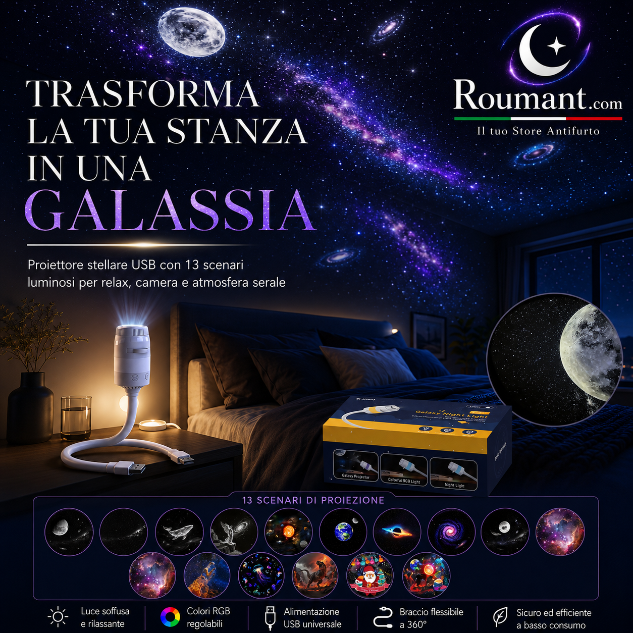 🌌 50 % RABATT NU! 💫 USB-lampa med stjärnhimmelprojektion – 13 utbytbara filmskivor & flexibel hals – perfekt för sovrummet ✨
