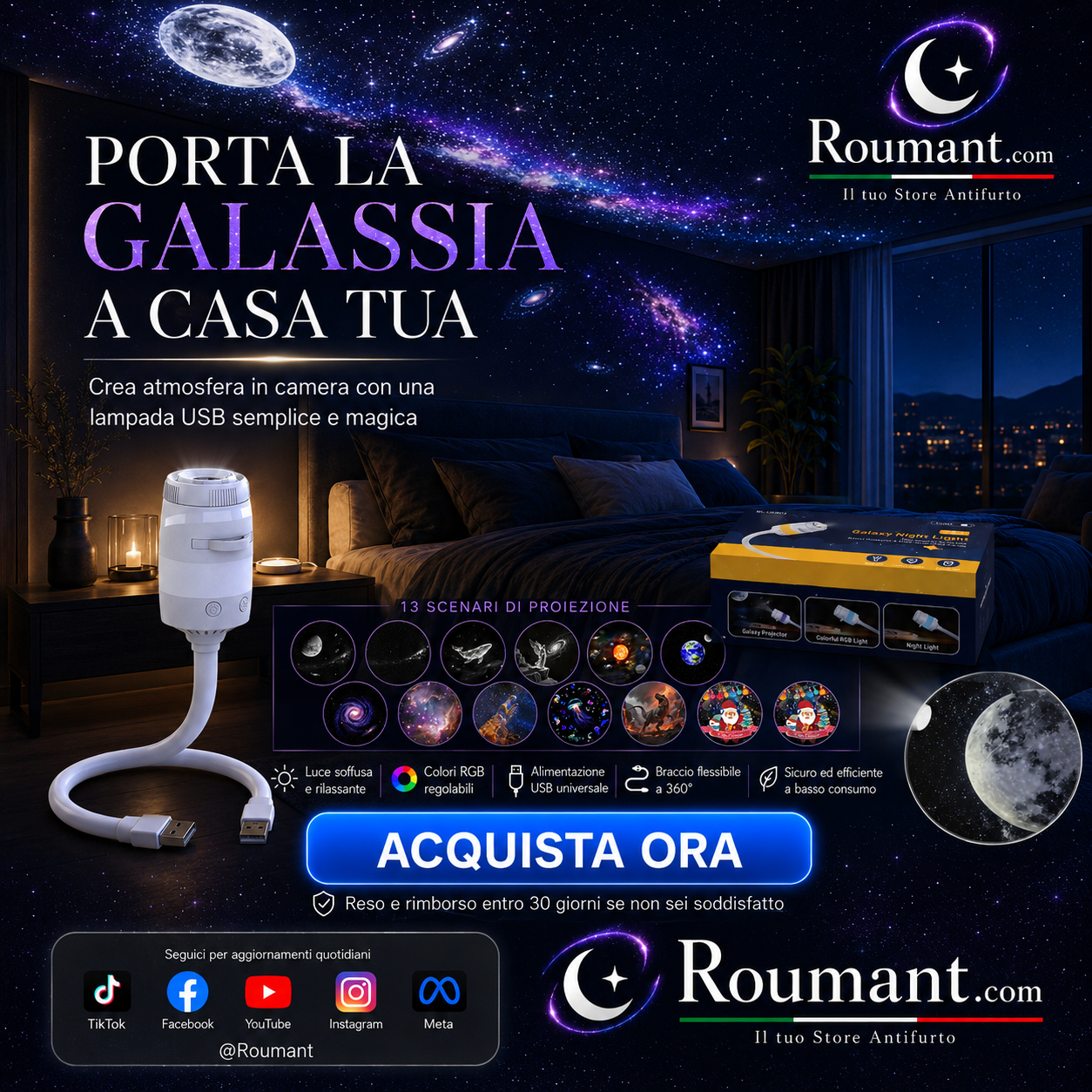 🌌 50 % RABATT NU! 💫 USB-lampa med stjärnhimmelprojektion – 13 utbytbara filmskivor & flexibel hals – perfekt för sovrummet ✨