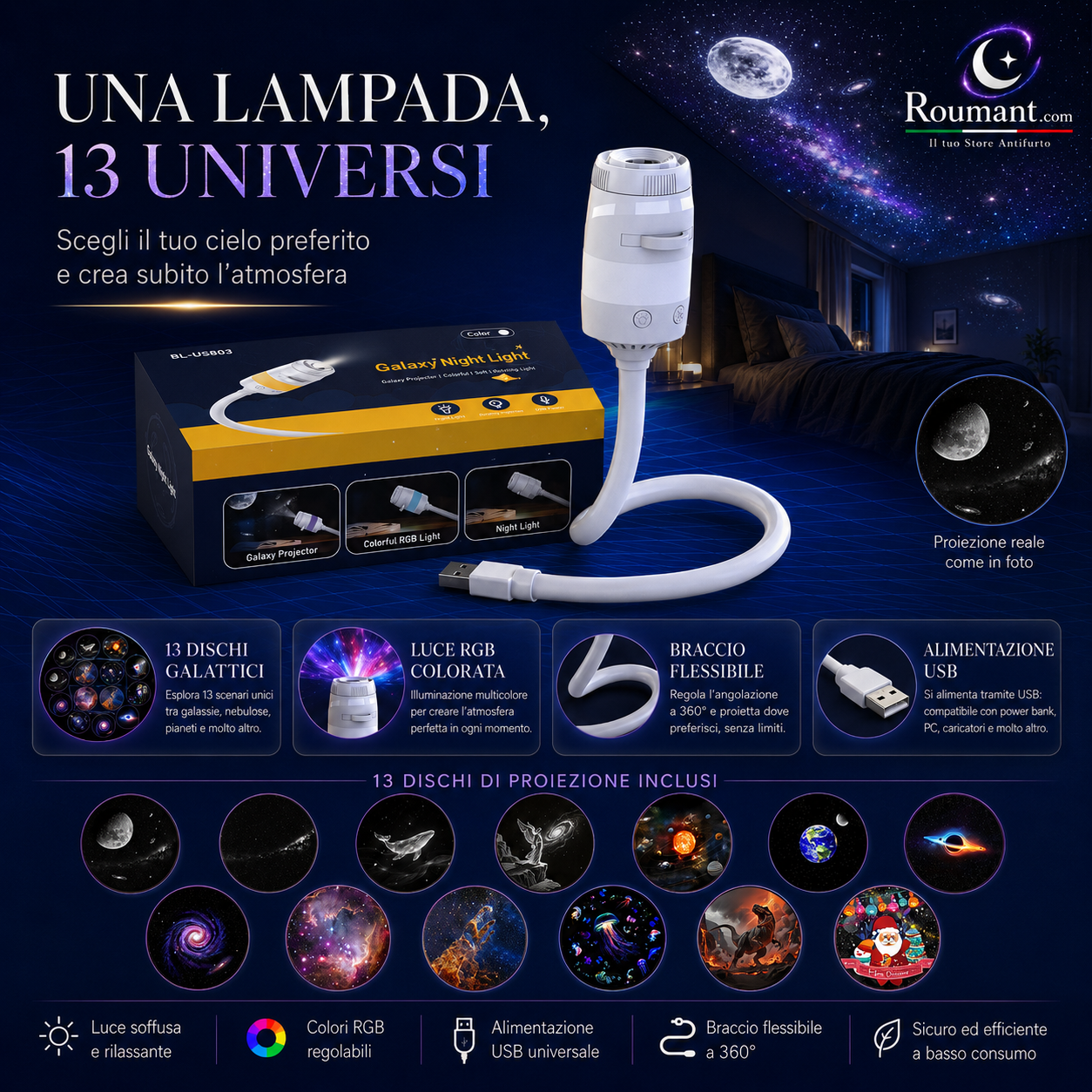 🌌 50 % RABATT NU! 💫 USB-lampa med stjärnhimmelprojektion – 13 utbytbara filmskivor & flexibel hals – perfekt för sovrummet ✨