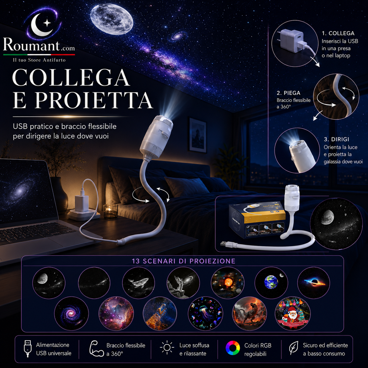 🌌 50 % RABATT NU! 💫 USB-lampa med stjärnhimmelprojektion – 13 utbytbara filmskivor & flexibel hals – perfekt för sovrummet ✨