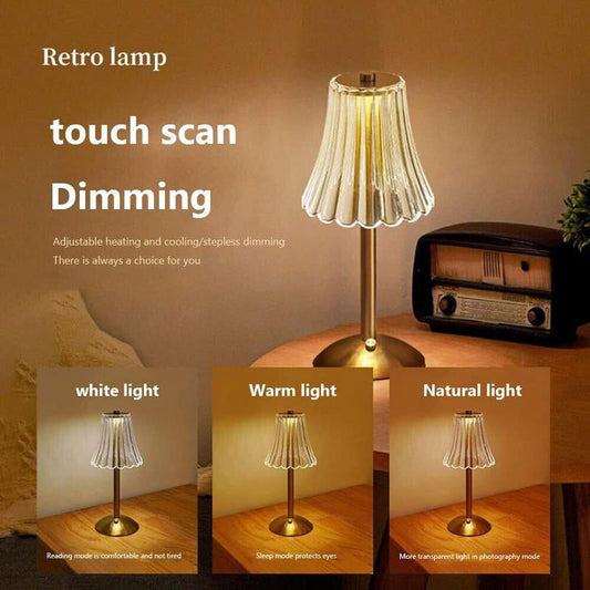 🪔 -50 %! ✨ Uppladdningsbar bordslampa i retrostil – akryl + järn – Ø11×30 cm – 2 W – pekskärm med 3 färger – Type-C – ögonskydd – guld 🏠