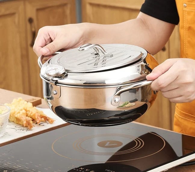 ⏳Tidsbegränsat Erbjudande⏰304 Rostfritt Stål Tempura Fritös – Termometer, Avrinningsgaller, Djup Gryta ✨
