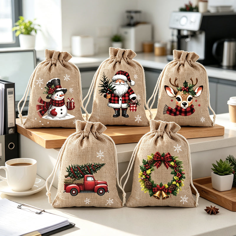 🎁 Julklappspåsar med dragsko – festliga tomte- & renmotiv, dubbel dragsko & hållbart tyg – julglädje i varje gåva ✨