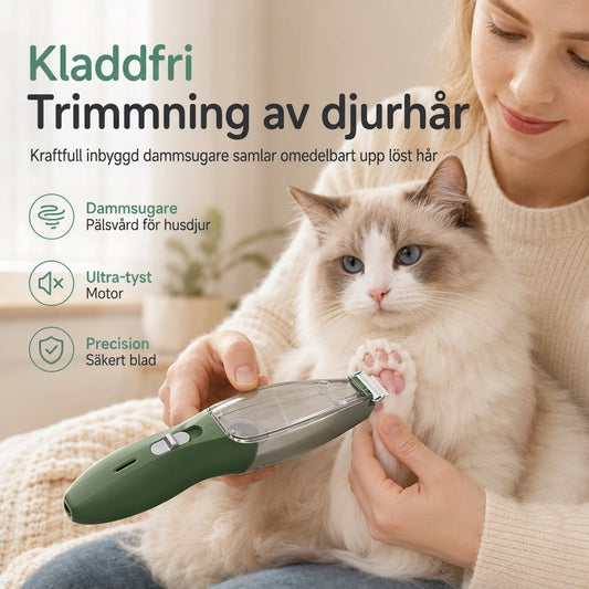 🐾 Tyst djurtrimset: Dammsugarklippare, dubbel motor, rundade blad, håruppsamling utan kladd