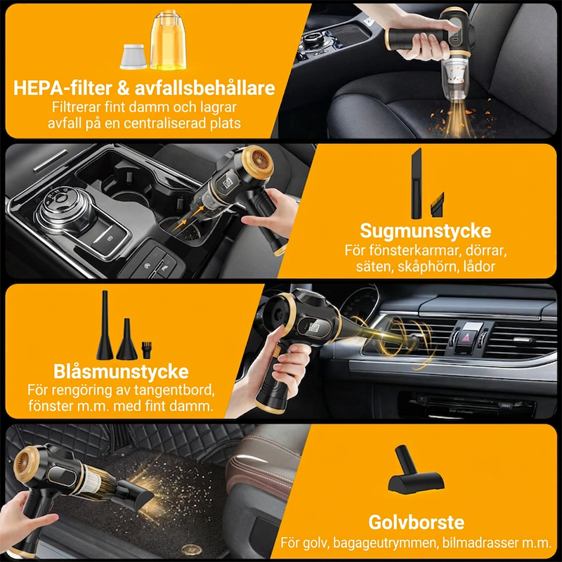 🚗 50% RABATT NU! 🔋 Bärbart Bilvårdsset med Snabbladdning via USB-C – 12000Pa Sugkraft & 4-i-1 Funktion – Perfekt för Bil & Hem 🧹