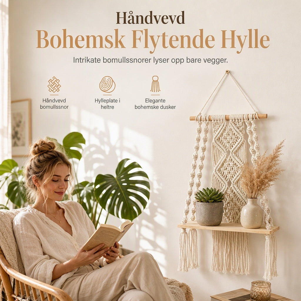 🏡 Bohemsk handvävd makramé vägghängd flytande hylla – för böcker & växter, skapar mysig hemkänsla ✨