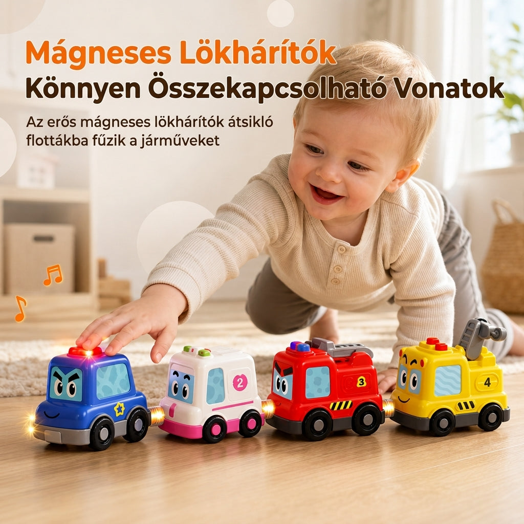 🚗 50% RABATT! ✨ 4-delars magnetiskt elektriskt leksaksbilsset med ljud & ljus – Stapelbara krypbilar för bebisar & småbarn